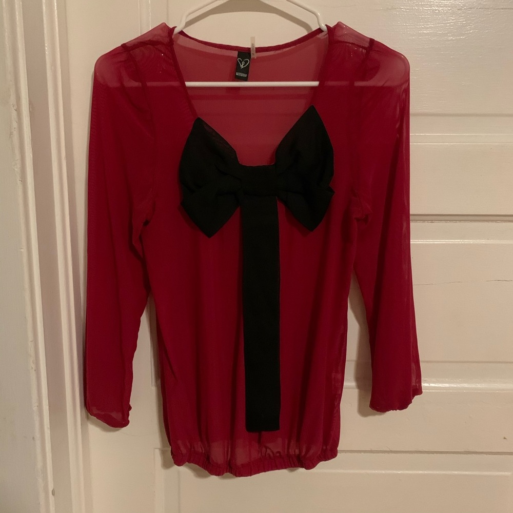 Windsor Sheer Long Sleeve Top with Black Bow XS